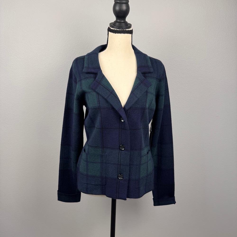 Tahari Knit Blazer Women Medium Navy Green Plaid Button Front Cardigan Jacket